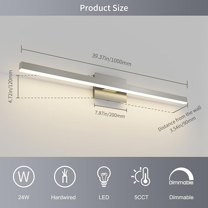 Joossnwell Brushed Nickel Bathroom Vanity Light Bar 5CCT Dimmable Bathroom Light Fixtures Over Mirror Modern LED Vanity Lighting Bath Light ETL Certificated 39.37 inch