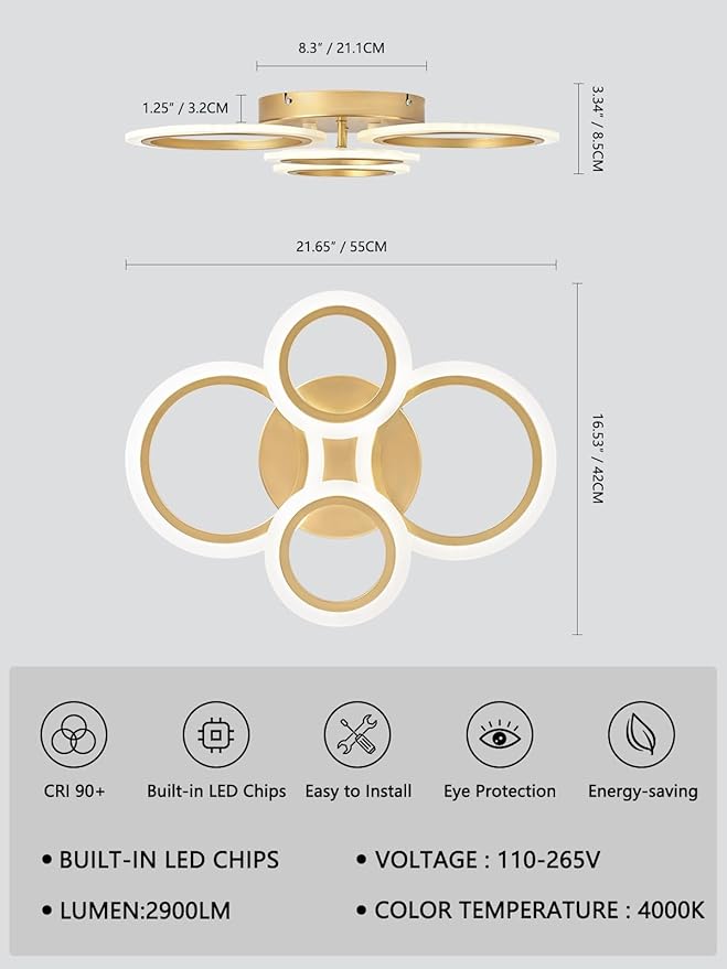 Modern LED Ceiling Light, Gold 4 Rings Flush Mount Ceiling Light, 4000K Lighting Fixture Ceiling Lamp for Kitchen, Bedroom, Living Room, Laundry Room