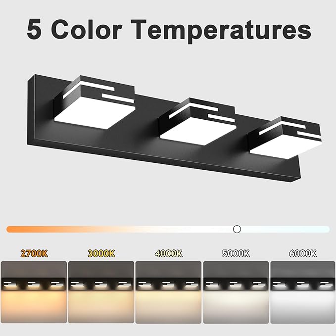 LED Modern Bathroom Vanity Light Fixtures 3-Light 5CCT Dimmable Matte Black Vanity Lights for Bathroom Lighting Fixtures Over Mirror, with 350° Rotatable Acrylic Heads, 22-inch