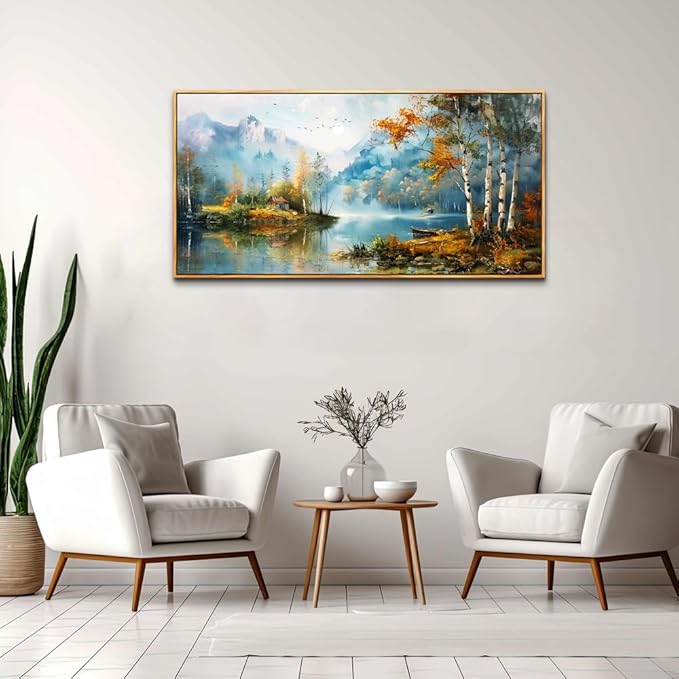 ZUITINGHUA Large Wood Framed Wall Decor For Living Room Canvas Wall Art For Office Modern Wall Decorations For Bedroom Lake View Painting Tree Forest Pictures Artwork Room Home Decor 24x48 In