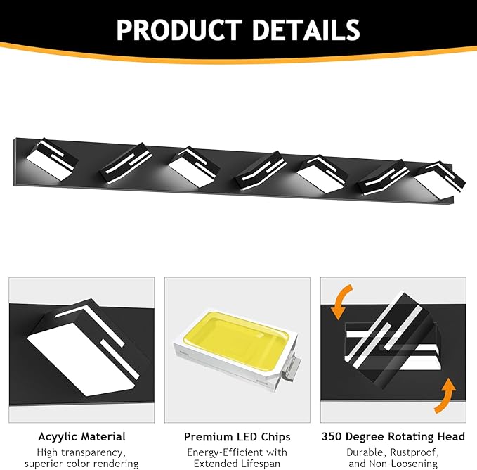 LED Modern Bathroom Vanity Light Fixtures 7-Light 5CCT Dimmable Matte Black Vanity Lights for Bathroom Lighting Fixtures Over Mirror, with 350° Rotatable Acrylic Heads, 48-inch