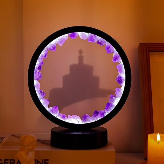 Runyangshi Amethyst Tooth Night Lamp 8.6" Natural Healing Crystal Bedside Lamp USB Port 3 Colours Dimming Mode Bedroom Lamp Suitable Night Light Ideal Gift