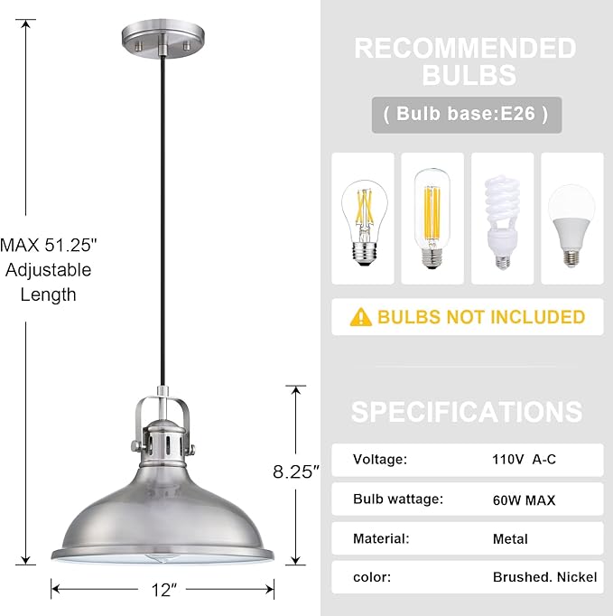 12 Inch LED 2 Pack 1 Light Pendant Light Industrial Vintage Fixtures Metal Chandelier Lights with Brushed Nickel Finish,Ceiling Lamp for Kitchen Home Island Dining Room Bedroom Farmhouse