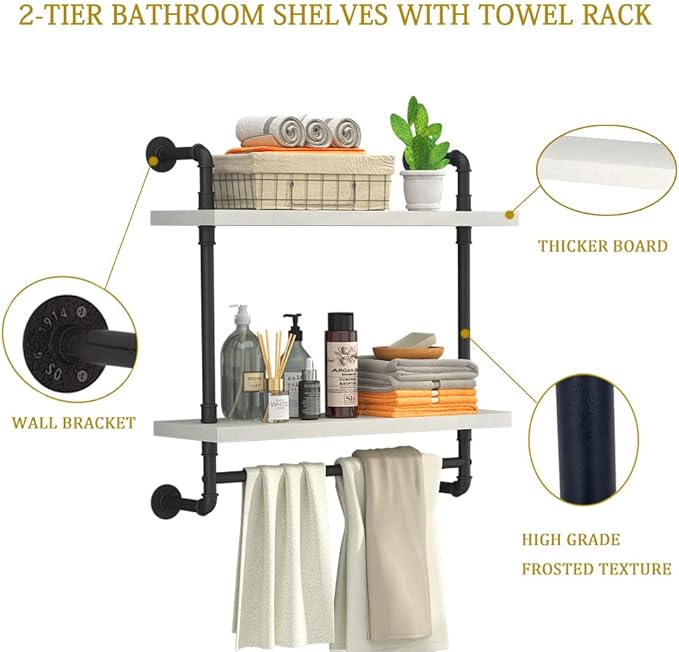 Helsin 24inch Industrial Pipe Shelving Bathroom Shelves Wall Mounted with Towel bar, 2 Tier Rustic Wood Floating Shelf, Metal Towel Rack Wall Shelf for Home & Bathroom (White, 24inch)