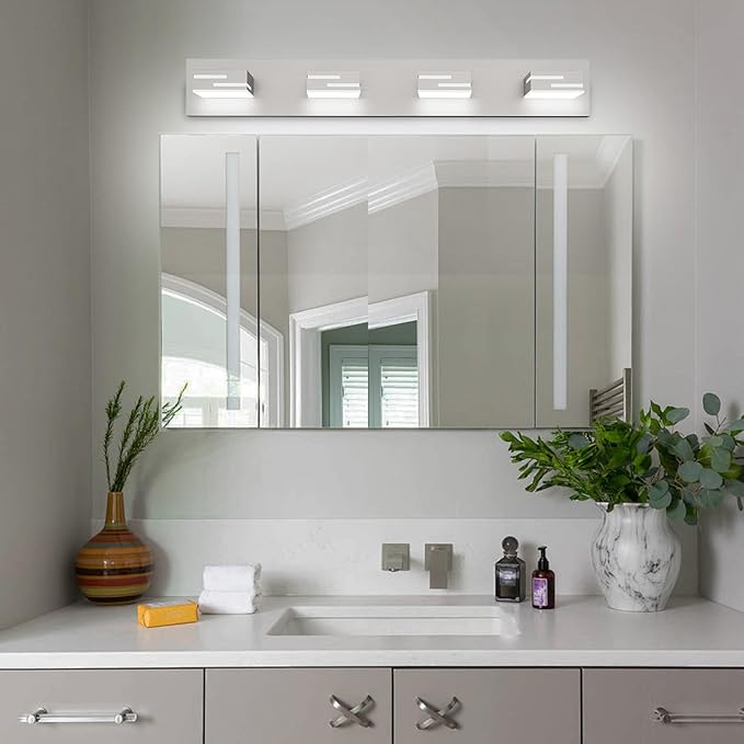 LED Modern Bathroom Vanity Light Fixtures,4-Light 28-inch Dimmable Brushed Nickel Vanity Lights for Bathroom Lighting Fixtures Over Mirror, with 350° Rotatable Acrylic Heads (Cool White 6000K)