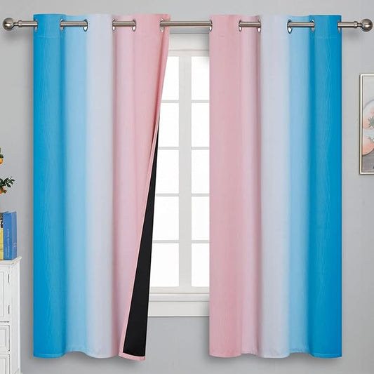 Estelar Textiler Pink and Blue Curtains 63 Inch Length 2 Panels, Ombre Total Blackout Curtains for Bedroom, Grommet Thermal Insulated Gradient Blackout Drapes for Kids Room, 42x63 Inch