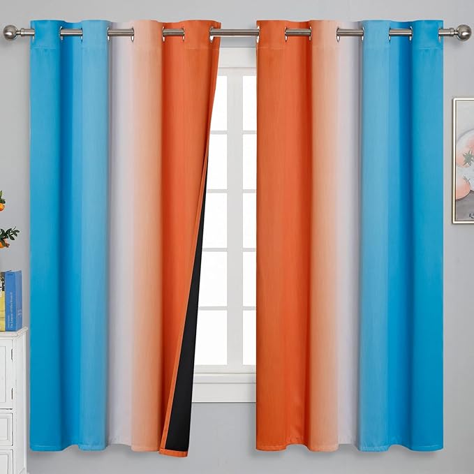 Ombre Orange and Blue Curtains 63 Inch Length 2 panels, Total Blackout Curtains for Bedroom, Grommet Thermal Insulated Gradient Drapes, Full Light Blocking Curtains for Boys Room, 52x63 Inch