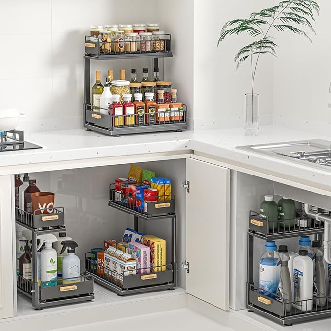 Under Sink Organizer Kitchen, 2 Tier Under Sink Organizers and Storage, Pull out Cabinet Organizer Shelf, Metal Drawer for Kitchen Bathroom Pantry Cabinet Closet Organization Rack, Black, 1 Pack