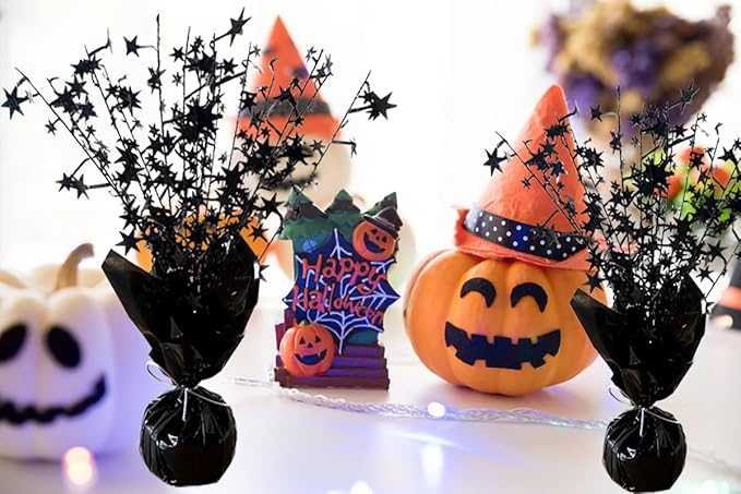6 Pack Halloween Decoration Indoor Metallic Foil Spray Centerpiece Star Table Decoration Burst Table Centerpieces Gold Decor for Birthday Wedding Anniversary Graduation Holiday Party Supplies, Black