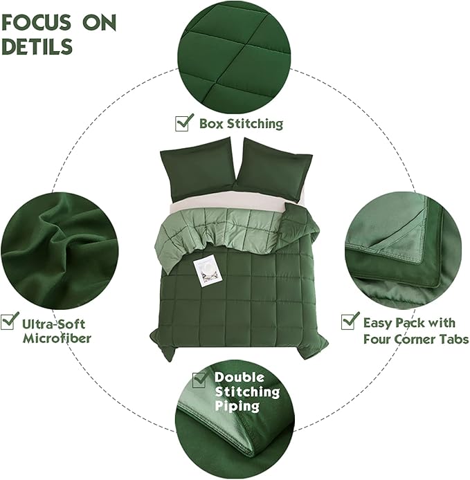 HIG 3pc Green Oversized King Comforter Set Duvet Insert, Reversible, All Season, Box Stitched, with Corner Tabs, Soft, Fluffy