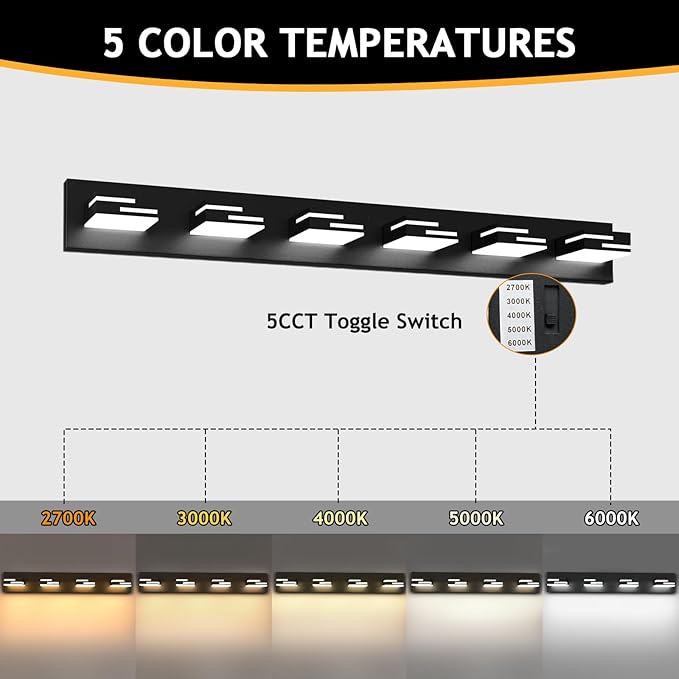 LED Modern Bathroom Vanity Light Fixtures 6-Light 5CCT Dimmable Matte Black Vanity Lights for Bathroom Lighting Fixtures Over Mirror, with 350° Rotatable Acrylic Heads, 40-inch