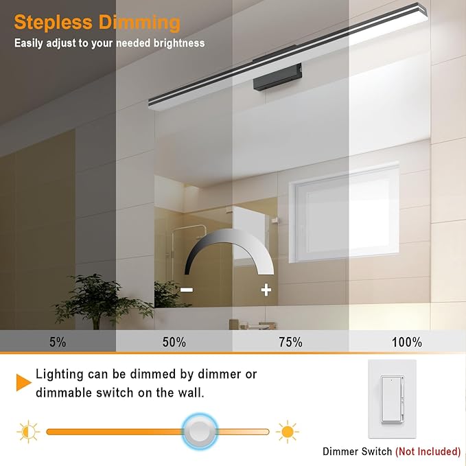 SineRise LED Modern Bathroom Vanity Light Bar (48-Inch, 3000K/4000K/6000K), Matte Black Dimmable Modern Acrylic Bathroom Wall Lighting Fixtures Over Mirror