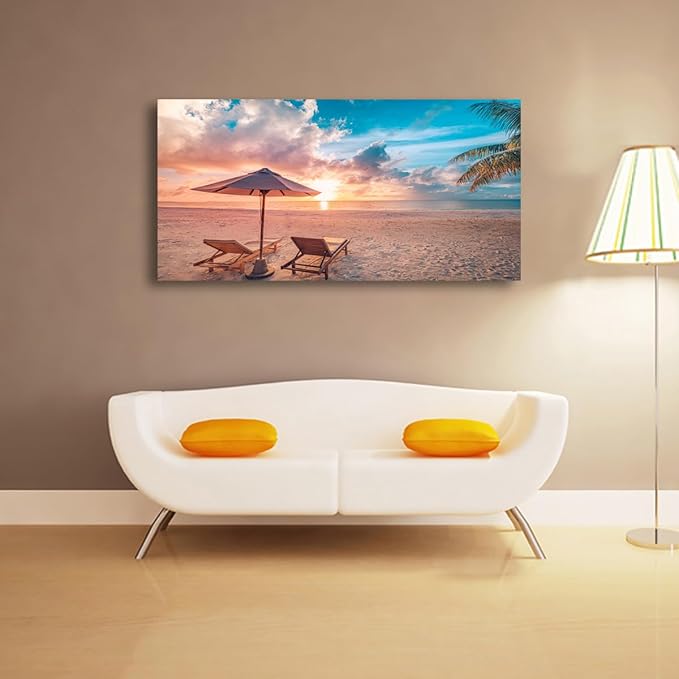 Beach Pictures Canvas Wall Art for Living room Bedroom Wall Decor,Sunset and Beautiful Clouds Wall Art Print Paitnings for home Decor,Morden Artwork Sunumbrellas and loungers Canvas Art