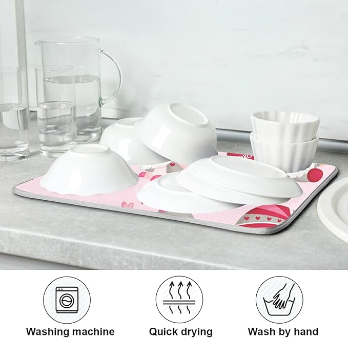 Happy Valentine Hearts Gnomes Dish Drying Mat 16 X 18 In Red Love Absorbent Microfiber Dry Dishes Pads Tableware Mats Protector for Kitchen Countertops Counter Home Decorations