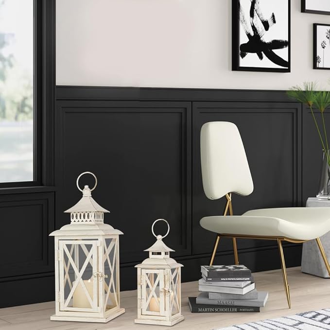 Lanterns Decorative Outdoor&Indoor, Set of 2 (14"&10") Beige Metal Lantern Decor with Glass, Candle Holder for Porch, Patio, Garden, Balcony, Wedding, Table Centerpiece