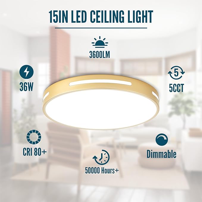 Gold Ceiling Light Flush Mount LED, 36W 15 inch Kitchen Light Fixture Ceiling Mount Dimmable,Modern Close to Ceiling Light Fixture 5CCT for Bedroom, Bathroom,Living Room