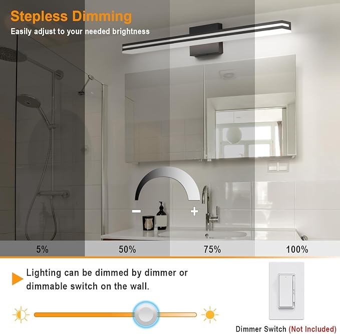 SineRise LED Modern Bathroom Vanity Light Bar (32-Inch, 3000K/4000K/6000K), Matte Black Dimmable Modern Acrylic Bathroom Wall Lighting Fixtures Over Mirror