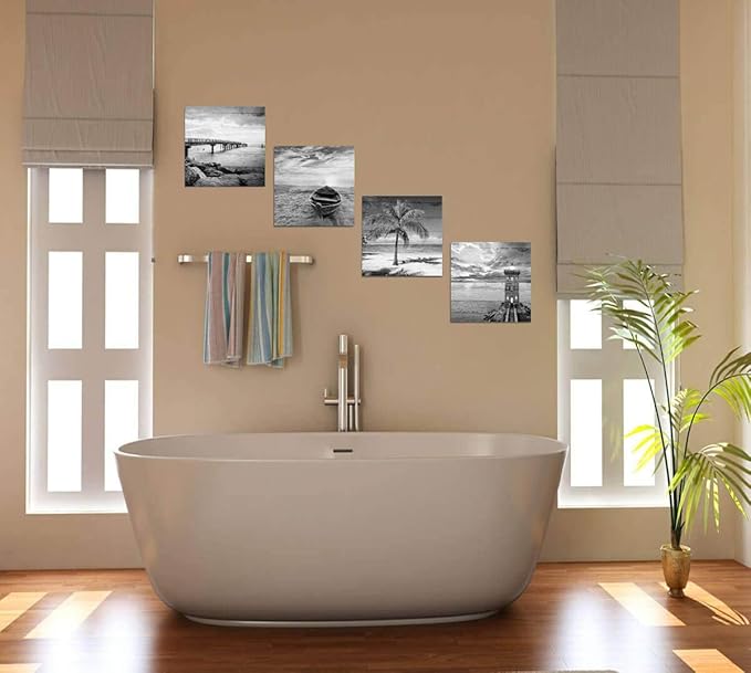 Yxbhhym- Black and White Beach Wall Art Seascape Scenery Canvas Wall Picture Print Sea Palm Poster Painting Office Décor Bedroom Bathroom Wall Art Living Room Home Kitchen Wall Decoration Framed