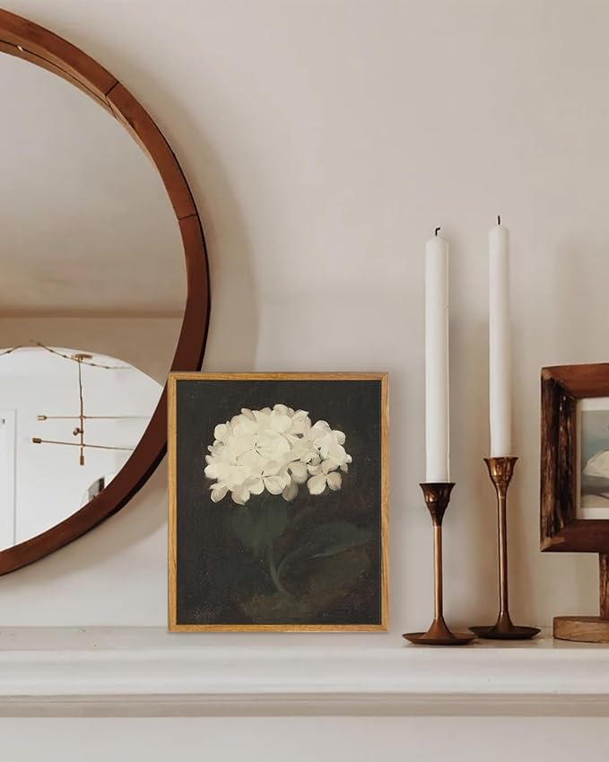 KBKBART Framed Wall Art Vintage Wall Art Room Decor, White Hydrangea Still Life Flower Canvas Oil Painting Prints, Classical Floral Wall Decor, Bedroom Bathroom Pictures Artwork(8“x10