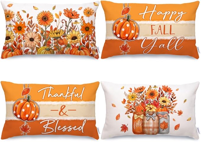 GEEORY Fall Throw Pillow Covers 12x20 Inch Set of 4, Pumpkins Floral Mason Jars Happy Fall Y'all Thankful & Blessed Orange Autumn Seasonal Decorative Farmhouse Decoration for Home G552-12