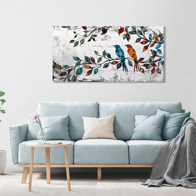 Wall Art Funny Paintings Colorful Birds on a Branch Art Mural Pop Art Home Office Wall Decor Framed Canvas Wall Decor for Living Room Ready to Hang - 58x28in