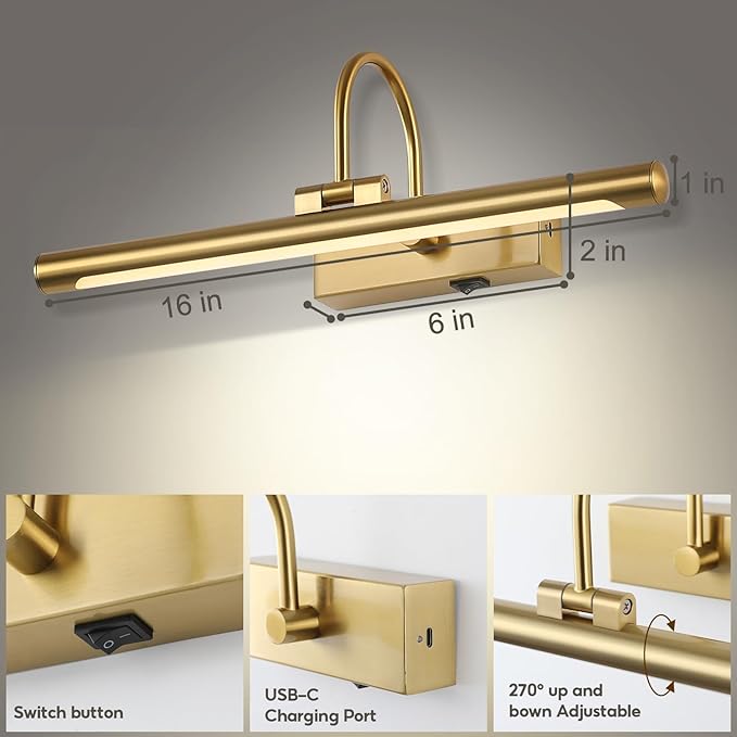 16" Picture Lights for Wall Battery Operated with Remote and Timer, Wireless Art Lights for Paintings, Rechargeable Wall Sconce, Dimmable Lighting for Canvas, Gallery Artwork, Portraits, Gold