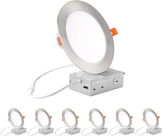 ZYC recessed Lighting 6 inch - 12W 1100LM High Brightness,5CCT 2700K-5000K Selectable,Ultra-Thin LED Recessed Ceiling Light,Dimmable Canless Wafer Downlight,Pack of 6 Brushed Nickel.