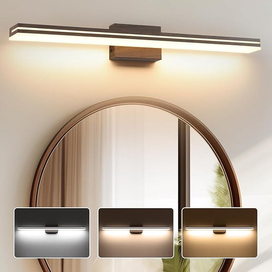 SineRise LED Modern Bathroom Vanity Light Fixtures (40-Inch, 3000K/4000K/6000K, Dimmable), Brown Wood Painted Modern Acrylic Bathroom Wall Lighting Fixtures Over Mirror