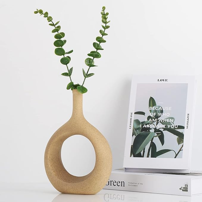 LCCCK Matte Beige Ceramic Vase, Tan Circle Vases with Hole, Neutral Rustic Centerpiece Table Decorations Flower Vase, Minimalist Vase Farmhouse Dinner Decor