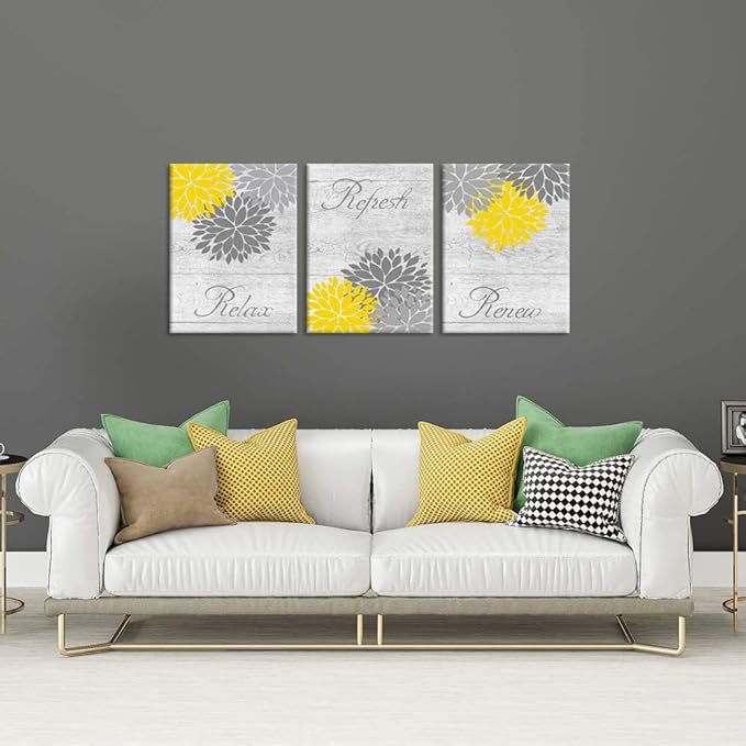 Zlove Yellow and Grey Bathroom Decor, Dahlia Flower Pictures Wall Art - Relax Refresh Renew Bathroom Pictures Wall Decor, 12"X16", 3Pcs