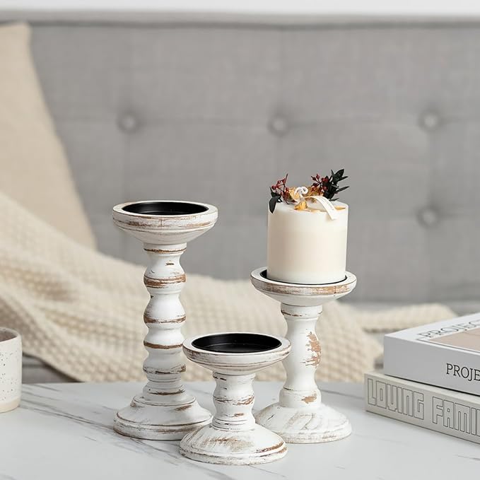 Wood Candle Holders for Pillar: Rustic Candles Holder Set of 3 Tall Table Centerpiece Decor Wooden White Farmhouse Decorations for Fireplace Mantle