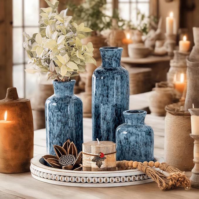 CwlwGO-Blue Ceramic Vases Set,Small Vase Sets,Farmhouse Country Vases Home Decor,Living Room Table Decoration,Shelf Decor,and Entrance Decoration Centerpieces.