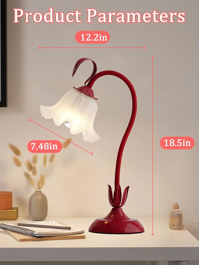Flower Table Lamp,Bedside Table Lamp for Bedroom LED Reading Light 3 Color Modes,Vintage Flower Lamp Kawaii Table Lamps Desk Living Room Home Decor Mothers Day Birthday Gifts for Mom Women (Red lamp)
