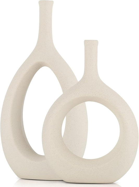Off White Ceramic Hollow Elliptical Vase Set of 2 - Boho Circle Vase with Hole, for Modern Off White Table Decor, Living Room Decor Shelf mid Century Modern Home Entrance Decorative vase