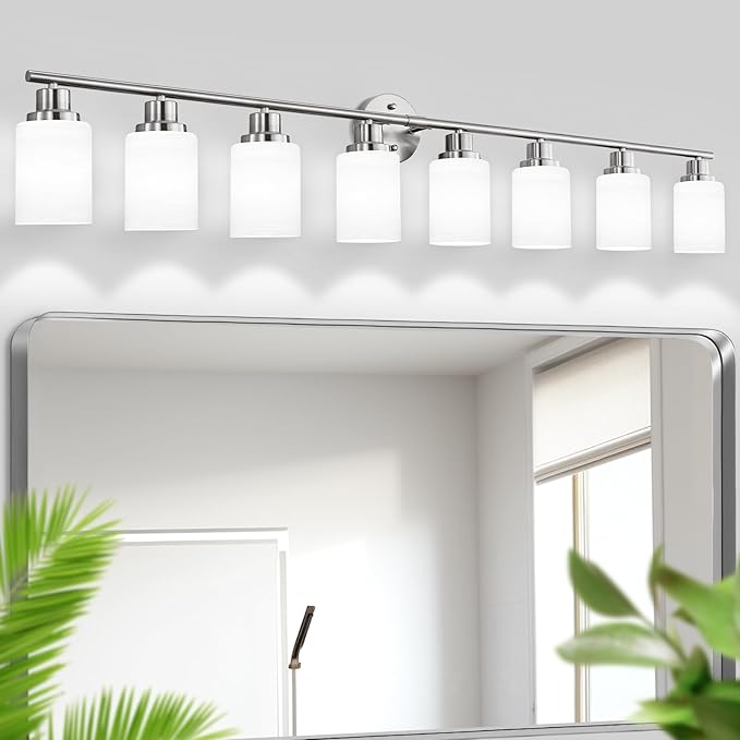 8-Light Vanity Lights, Brushed Nickel Bathroom Light Fixture with Striped Textured Milky White Glass Shade, E26 Modern Vanity Lighting Fixture for Bathroom Wall Sconce Light Over Mirror