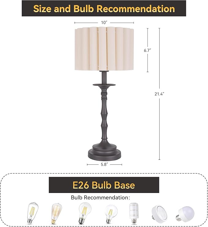 Vintage Brown Scalloped Table Lamp, Rustic/Farmhouse Pleated Lamp, Scalloped Lampshade and Bamboo Lamp Post, for Living Room Bedside Side Table