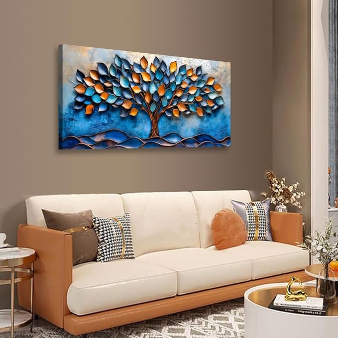 Tree of Life Pictures Canvas Wall Art for Living room Office Bedroom Wall Decor,Blue Leaf Wall Art Print Paintings Modern Autumn Blue Golden Scenery Artwork Waterproof Ready to Hang-20x40inch
