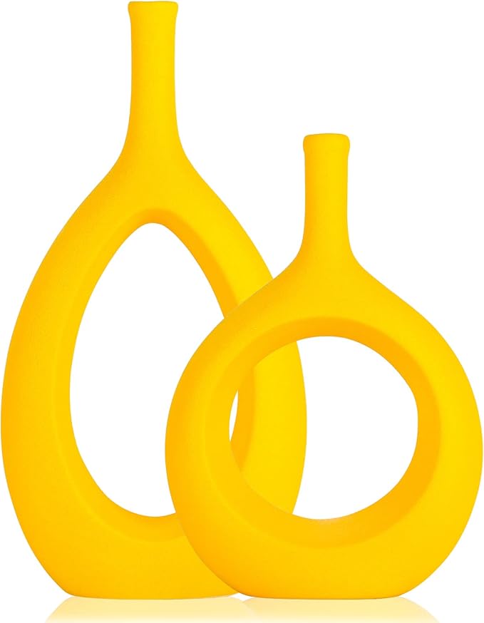 Yellow Ceramic Hollow Elliptical Vase Set of 2 - Boho Circle Vase with Hole, for Modern Yellow Table Decor, Living Room Decor Shelf mid Century Modern Home Entrance Decorative vase