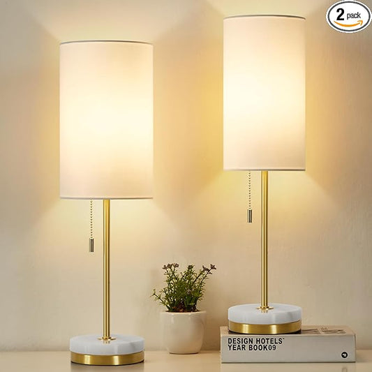Desk Lamp & Table Lamp Set of 2, Bedside Lamps for Night Stands - Modern Small Table Lamps with Marble Base, Fabric Shade, Mini Pull Chain Bedroom Lamps for Living Room, Office, Reading (Gold)