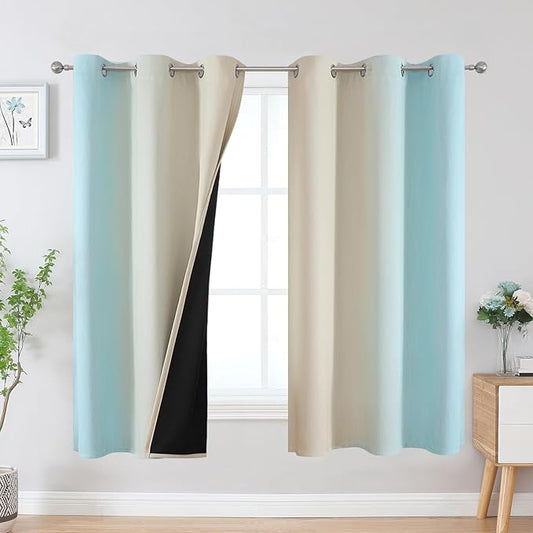 Estelar Textiler Aqua and Beige Blackout Curtains & Drapes for Bedroom, Thermal Insulated Ombre Blackout Drapes, Room Darkening Energy Saving Curtains for Living Room, 42Wx63L, 2 Panels