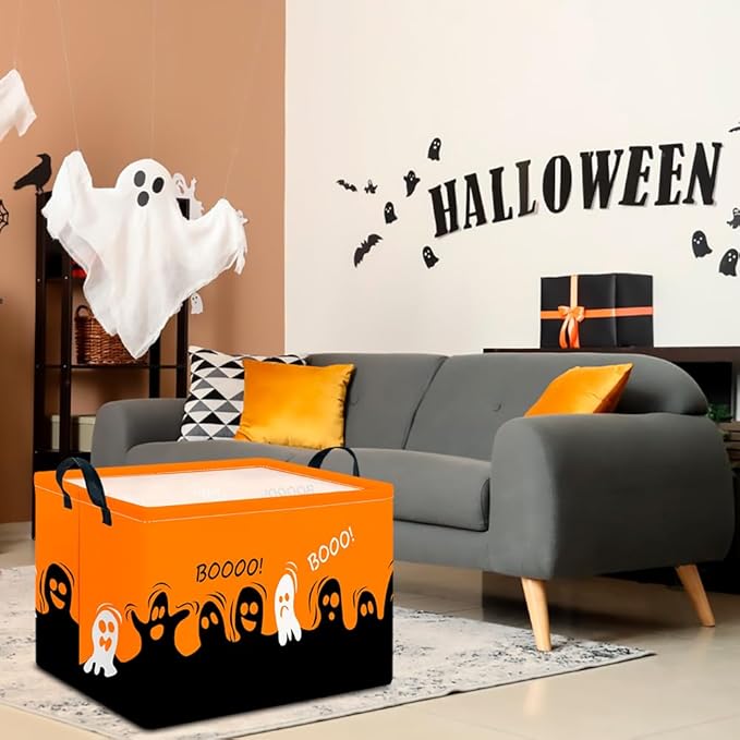 CLOCOR Rectangular Storage Basket Empty,Gift Basket for Halloween, Waterproof Storage Bin with Handles,Room Decor(Spooky)