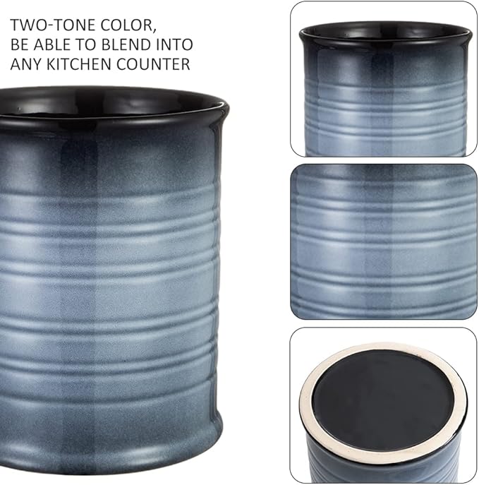 Nihow Kitchen Utensil Holder: 7.2 Inch Extra Large Ceramic Utensil Holder for Countertop - Stable Utensil Crock for Kitchen Counter Decor - Elegant Gray (1PC)