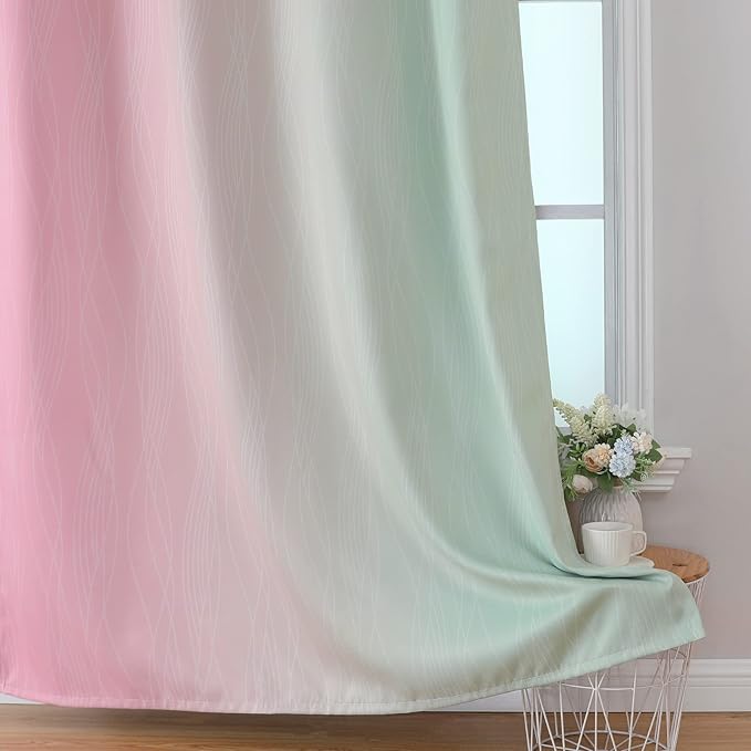 Estelar Textiler Pink and Sage Green Blackout Curtains & Drapes for Bedroom, Thermal Insulated Ombre Blackout Drapes, Room Darkening Energy Saving Curtains for Living Room, 42Wx63L, 2 Panels