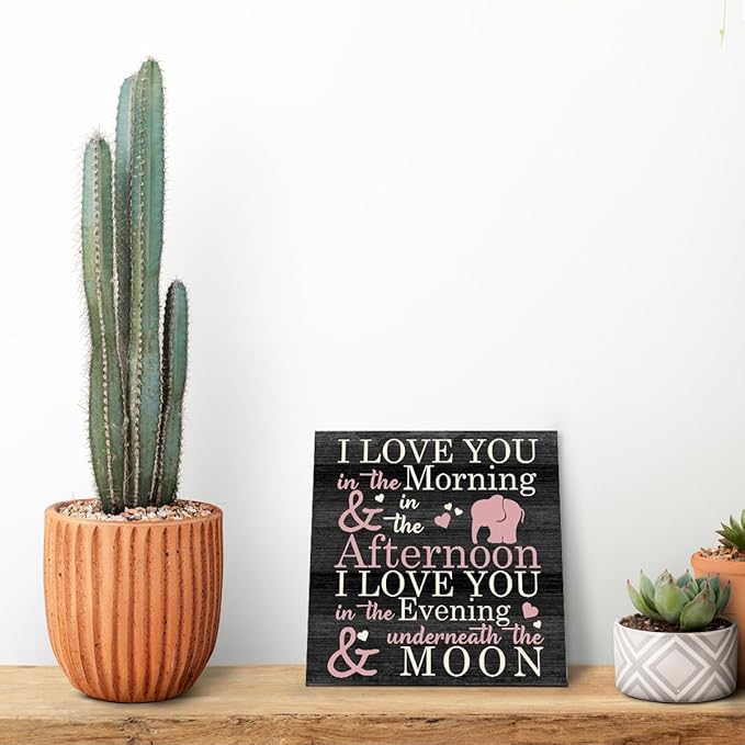 Love Sign, Wood Plaque Table Art Sign 6.2 * 6.2inch, Elephant Wood Sign for Nursery, Decoration for Baby Girls Room, Daughter's Room Decor, I Love You in the Morning Afternoon Evening & Moon B