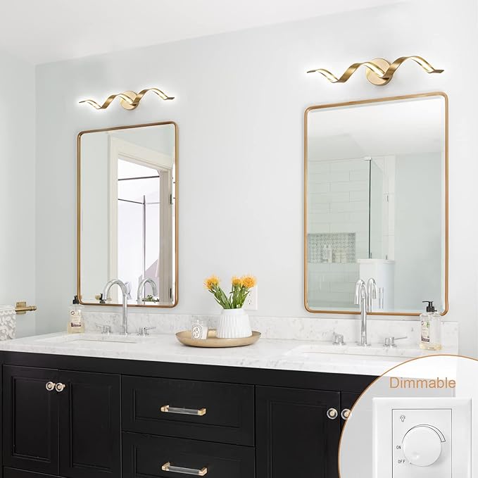 Dimmable Gold Bathroom Light Fixtures, 24 inch Spiral Design Modern LED Bathroom Vanity Lights Over Mirror, 15W Wall Light Fixtures for Living Room Cold White 6000K