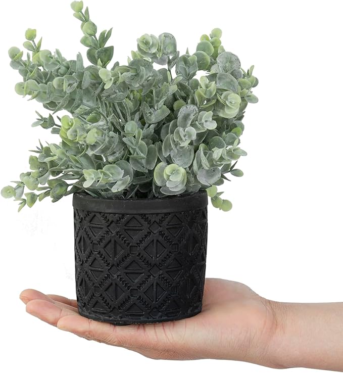 MyGift Artificial Eucalyptus Plant in Modern Gray Concrete Pots with Geometric Embossed Pattern (2, Black)