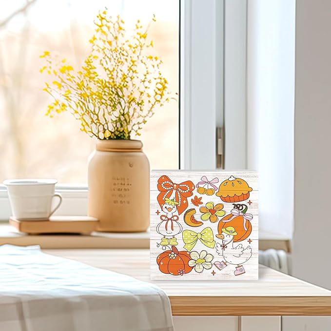 Silly Goose Fall Decorations for Home Office Cute Fall Decor, Autumn Pumpkin Decorations for House Autumn Goose Bow Gifts for Animals Lovers 5 x 5 inches (Tub 1702)