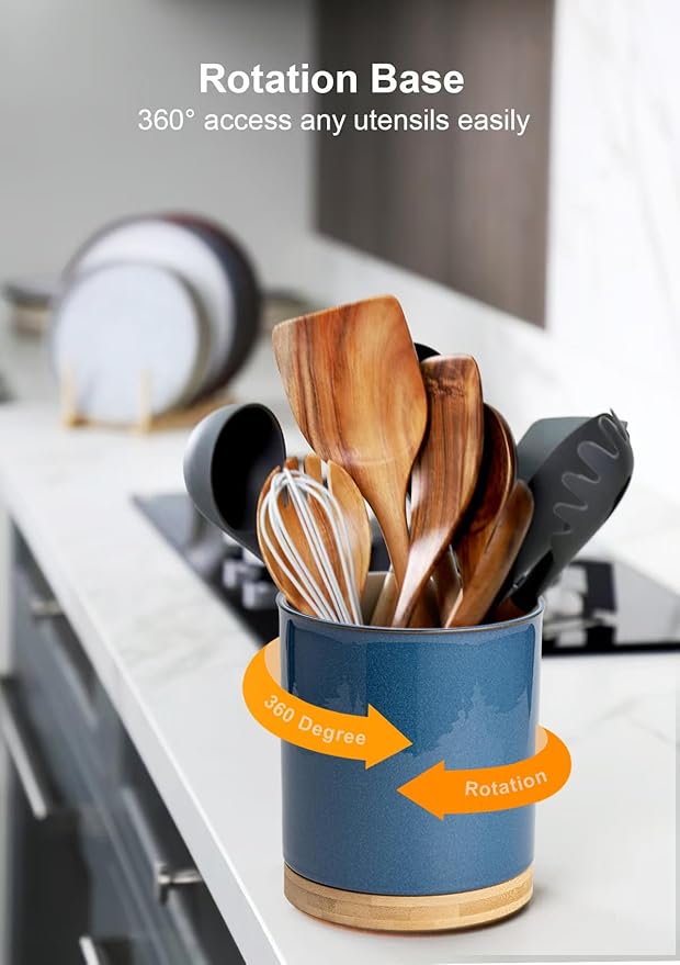 Nucookery 360°Rotating Utensil Holder, 7.2" Kitchen Utensil Crock, Ceramic Cooking Utensil Organizer with Countertop-Protection Cork Bottom for Farmhouse Kitchen Decor Christmas (Royal blue)