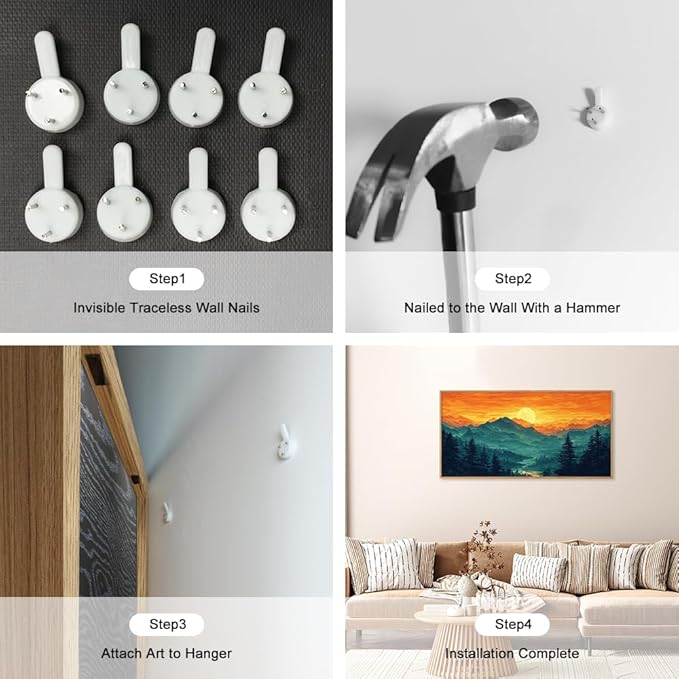 HOURIA Large Sunrise Mountain Forest Landscape Framed Canvas Wall Art Set,Orange Sky Green Ridge Wall Decor,Nature Pine Tree Artwork,Boho Watercolor Art Print for Living Room, Bedroom- 20"x40"x1