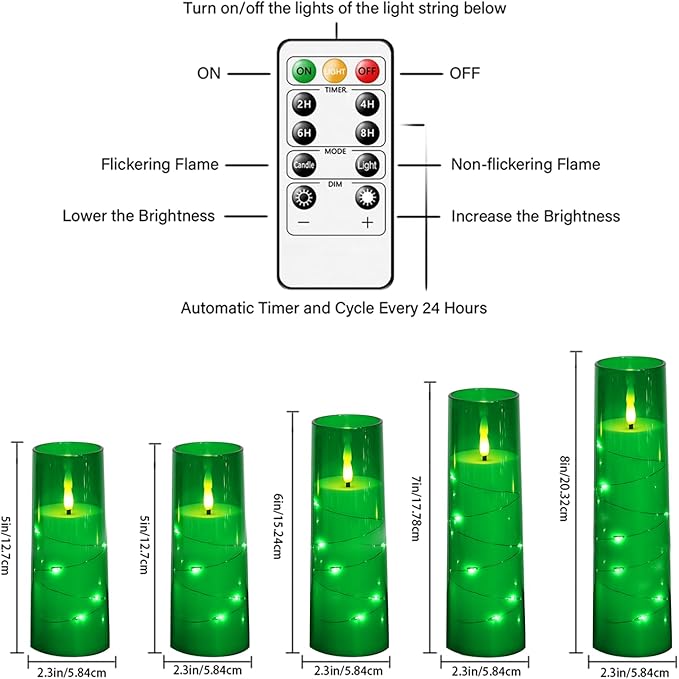 Flameless LED Candles with Timer 5 Pc Flickering Flameless Candles for Romantic Ambiance and Home Decoration Stable Acrylic Shell,with Embedded Star String,Battery Operated Candles(Green)